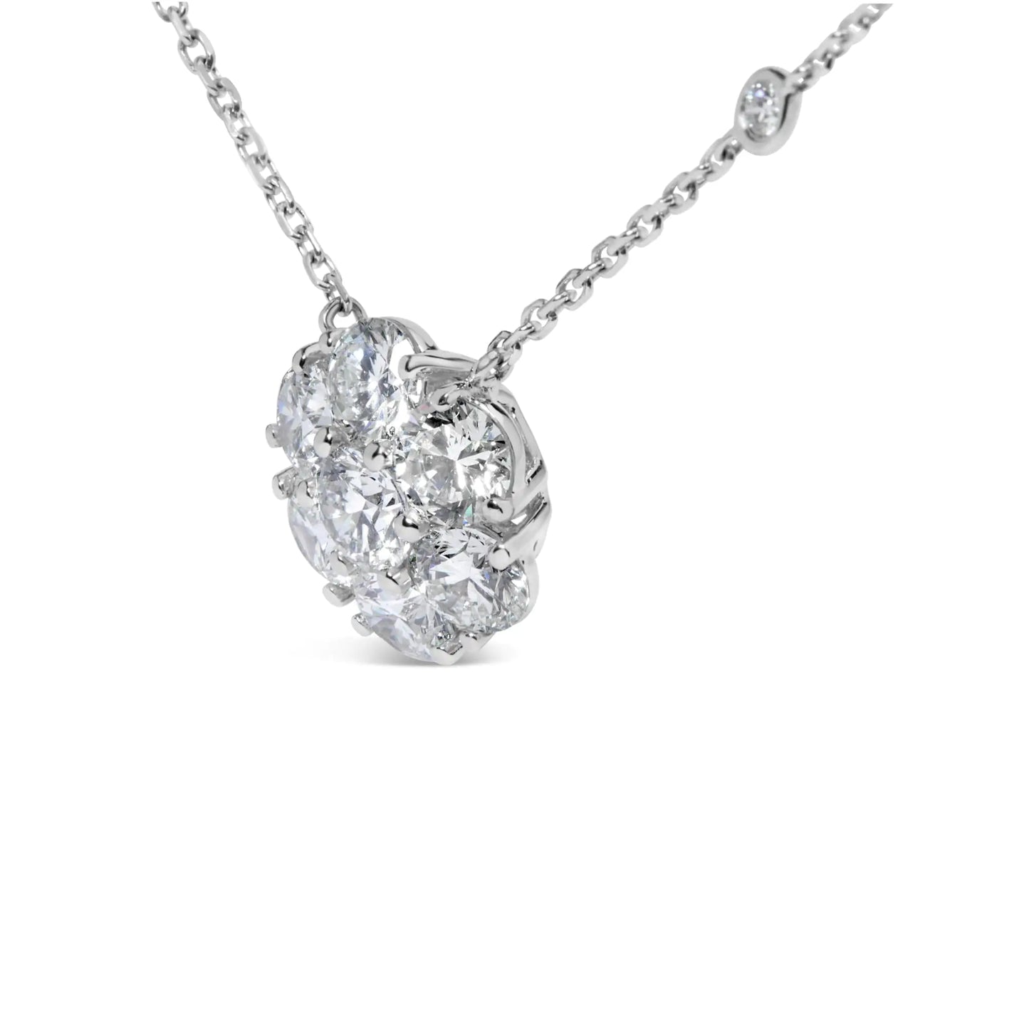 14K White Gold 3.0 Cttw Lab Grown Diamond Floral Cluster and Station 18" Pendant Necklace (G-H Color, VS2-SI1 Clarity)