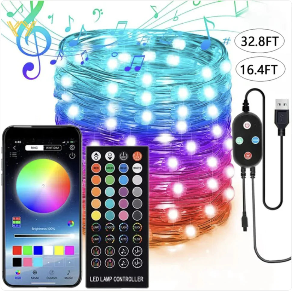 Bluetooth-Controlled LED Copper Wire String Lights with Music Sync