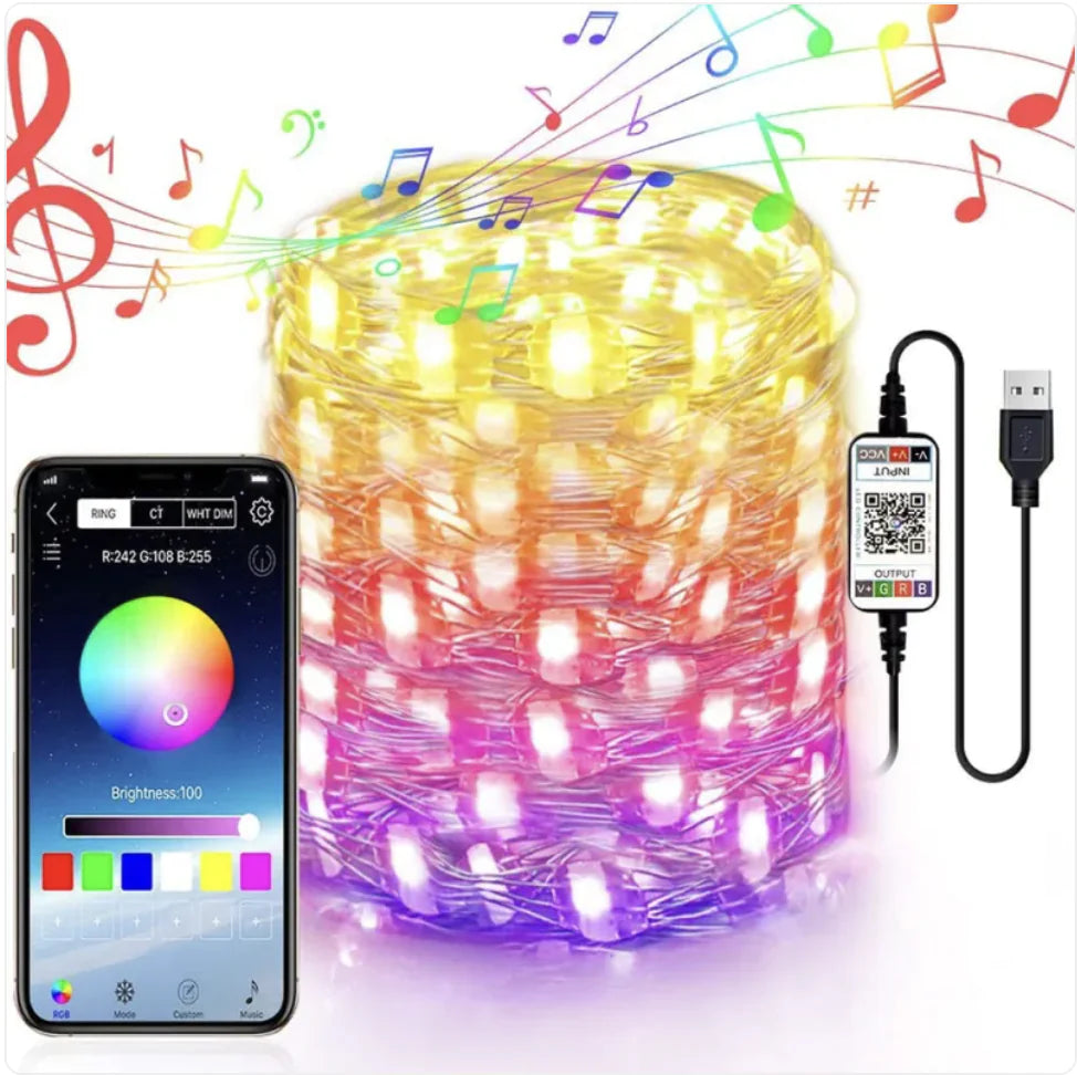 Bluetooth-Controlled LED Copper Wire String Lights with Music Sync