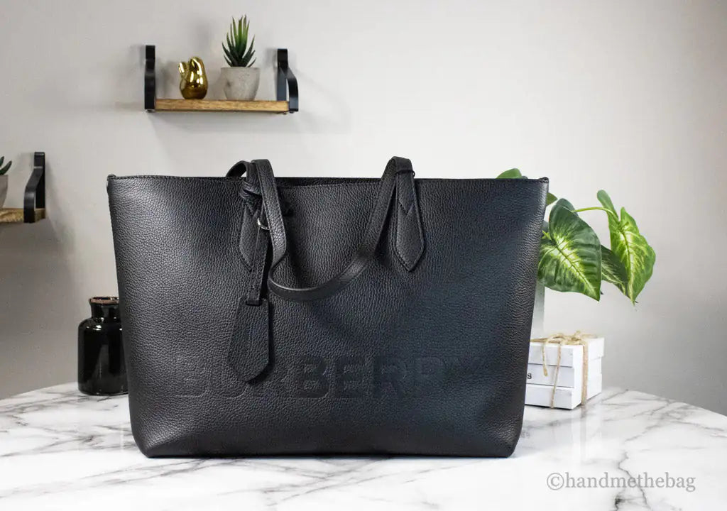 Burberry Ardwell Medium Black Branded Pebble Leather Shoulder Tote