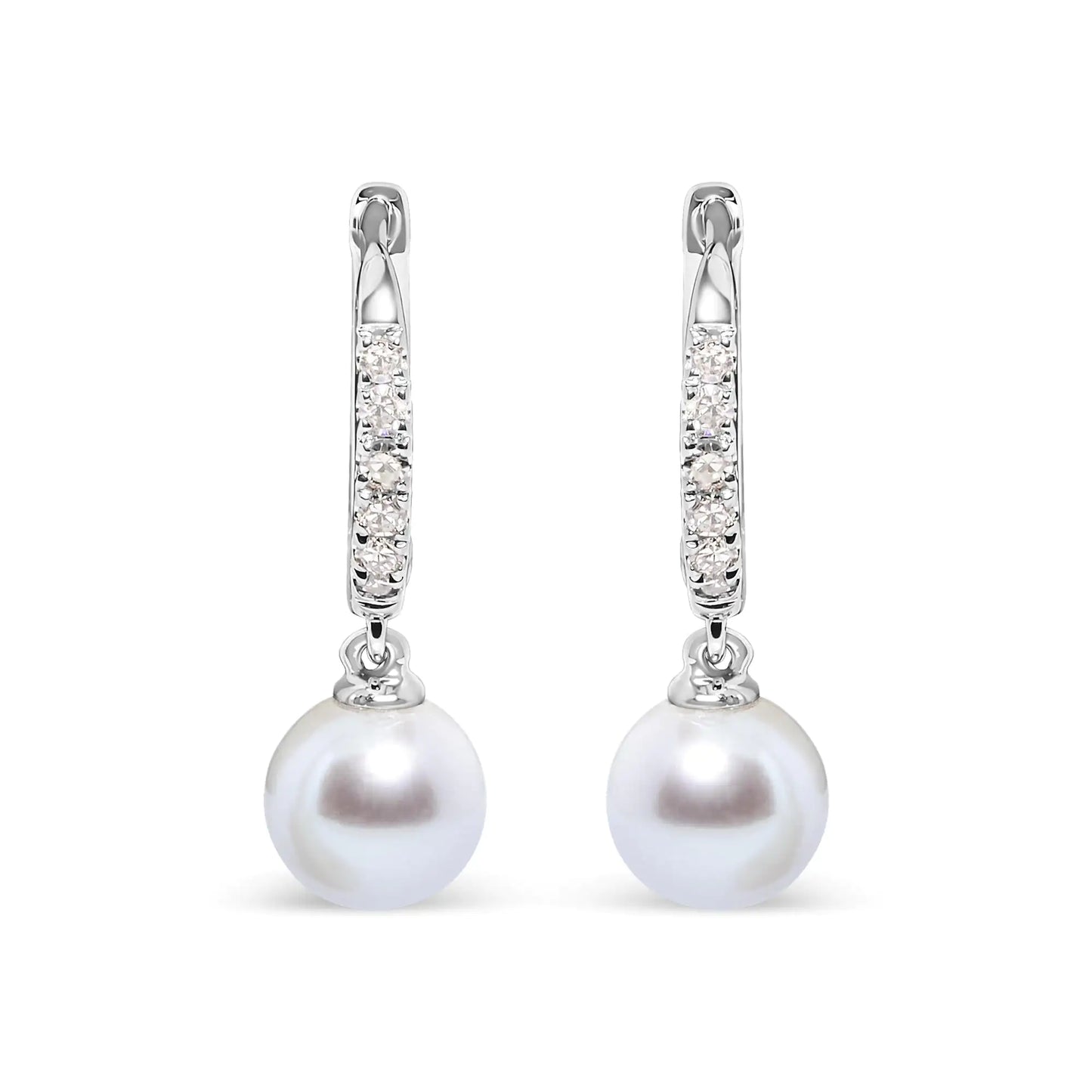 10K White Gold 6x6 MM Cultured Freshwater Pearl and Diamond Accent Drop Huggy Earring (H-I Color, I1-I2 Clarity)