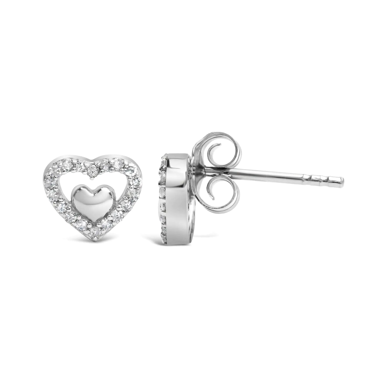 925 Sterling Silver 1/6 Cttw Diamond Open Double Heart Stud Earrings - Choice of Diamond Color