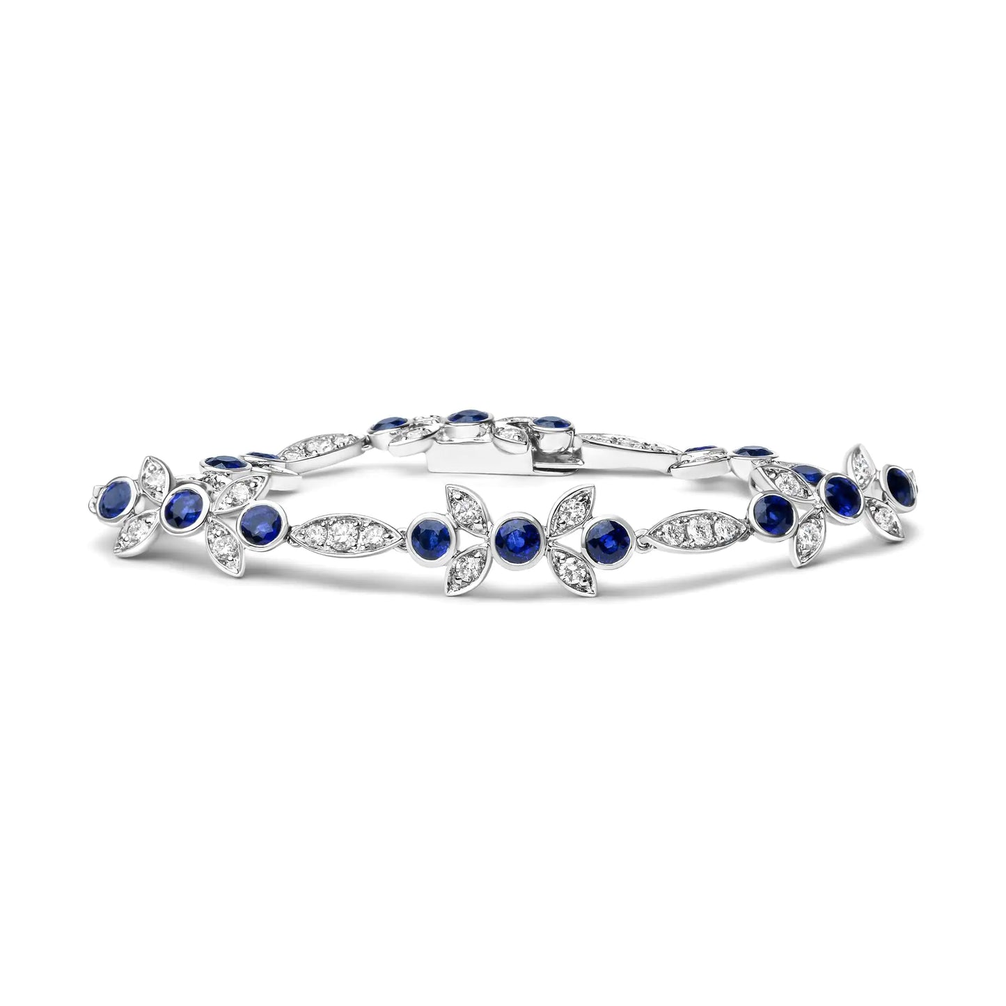 18K White Gold 1 3/4 Cttw Diamond and 3x3mm Round Blue Sapphire Gemstone Floral Link Bracelet (G-H Color, SI1-SI2 Clarity) - Size 7"