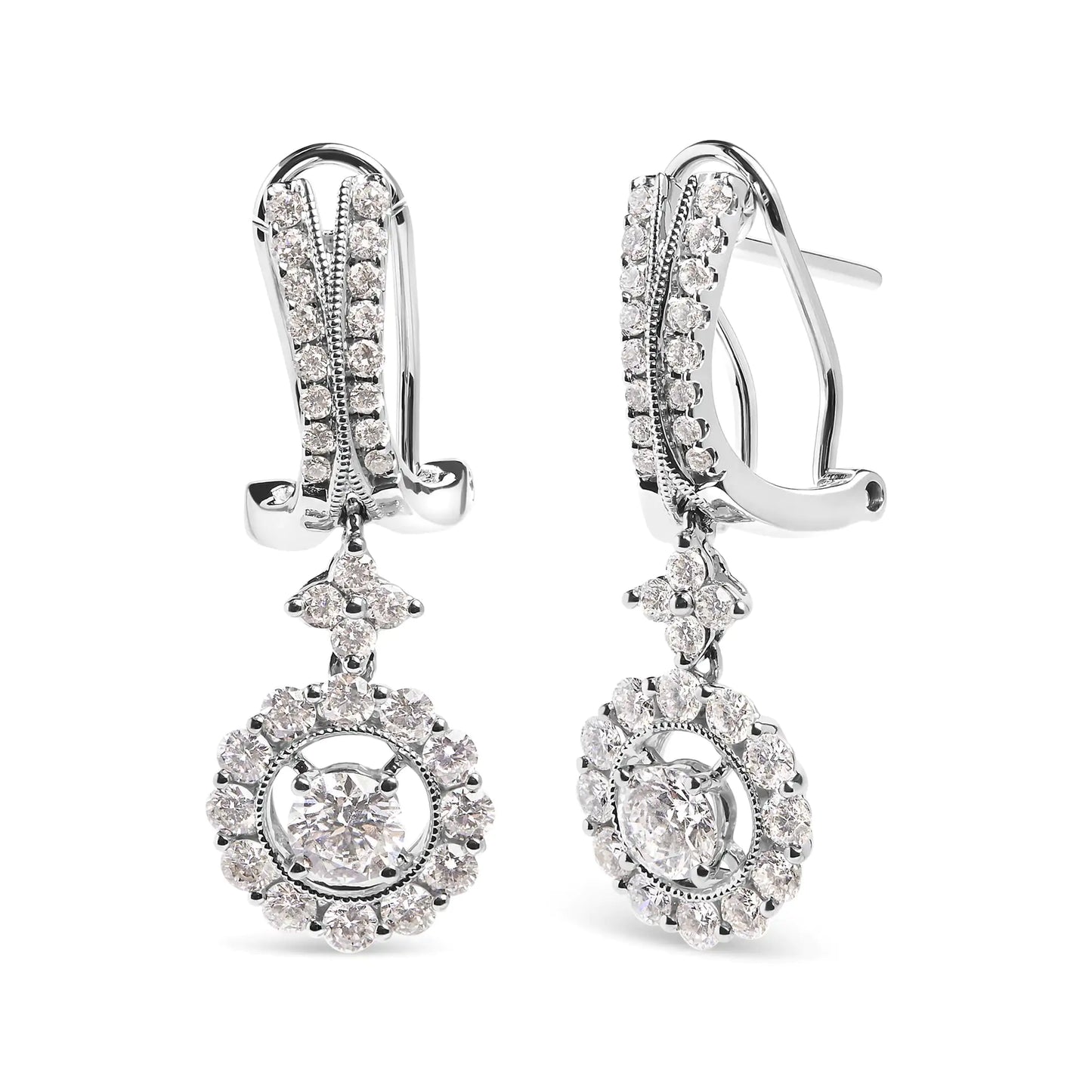 14K White Gold 1 7/8 Cttw Diamond Drop and Dangle Halo Earring with Omega Back (F-G Color, VS2-SI1)