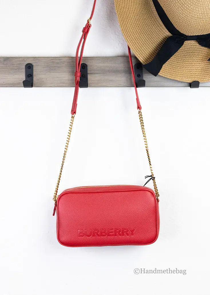 Burberry Small Red Leather Elongated Camera Crossbody Bag