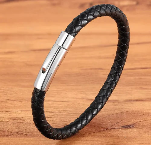 Men's Woven Leather Bracelet - Black Stainless Steel