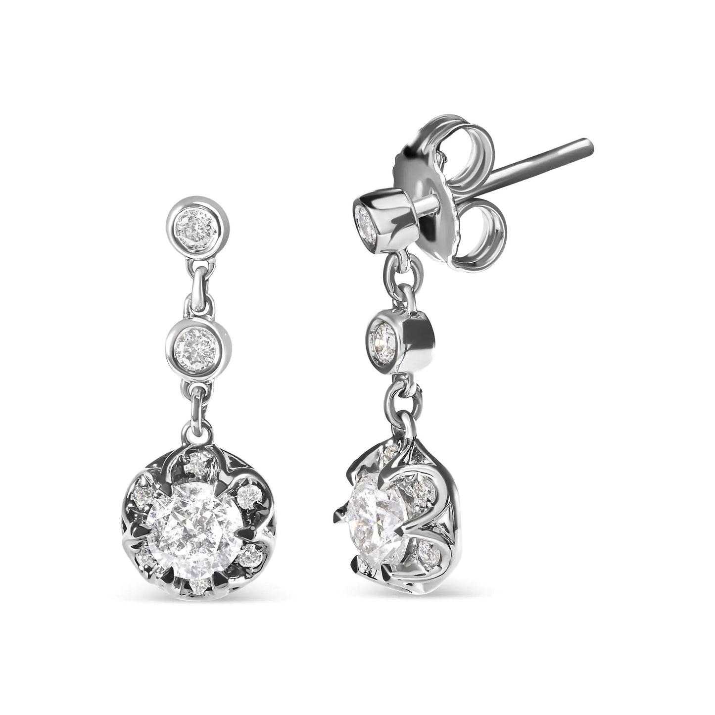 14k White Gold 5/8 Cttw Diamond Halo Drop and Dangle Earrings Stud with Bale (I-J Color, I1-I2 Clarity)