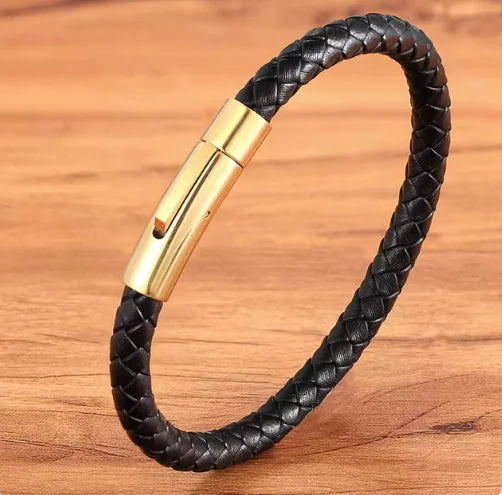 Men's Woven Leather Bracelet - Black Stainless Steel