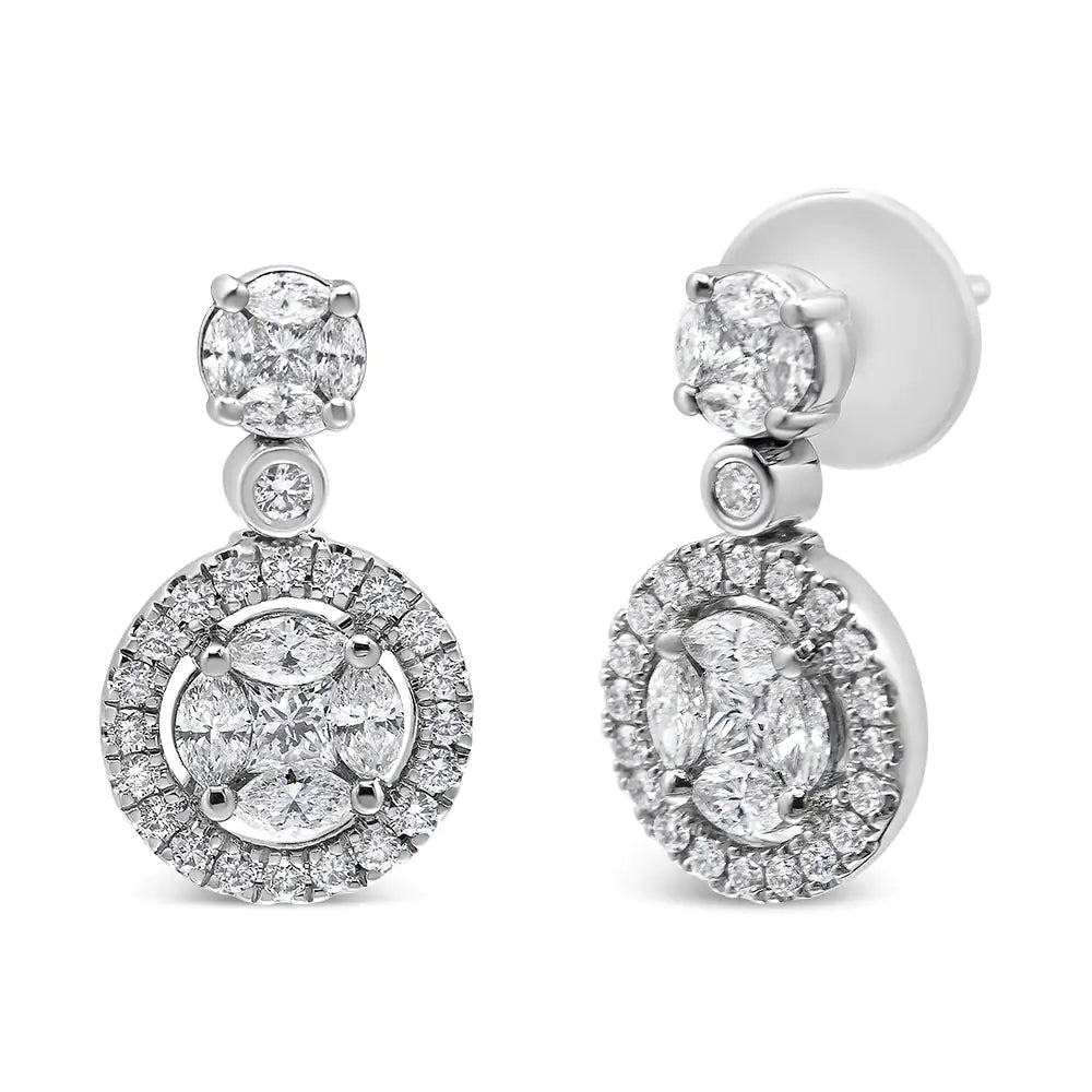 18K White Gold 2.0 Cttw Round Shape Diamond Composite Halo Dangle Stud Earring (F-G Color, VS1-VS2 Clarity)