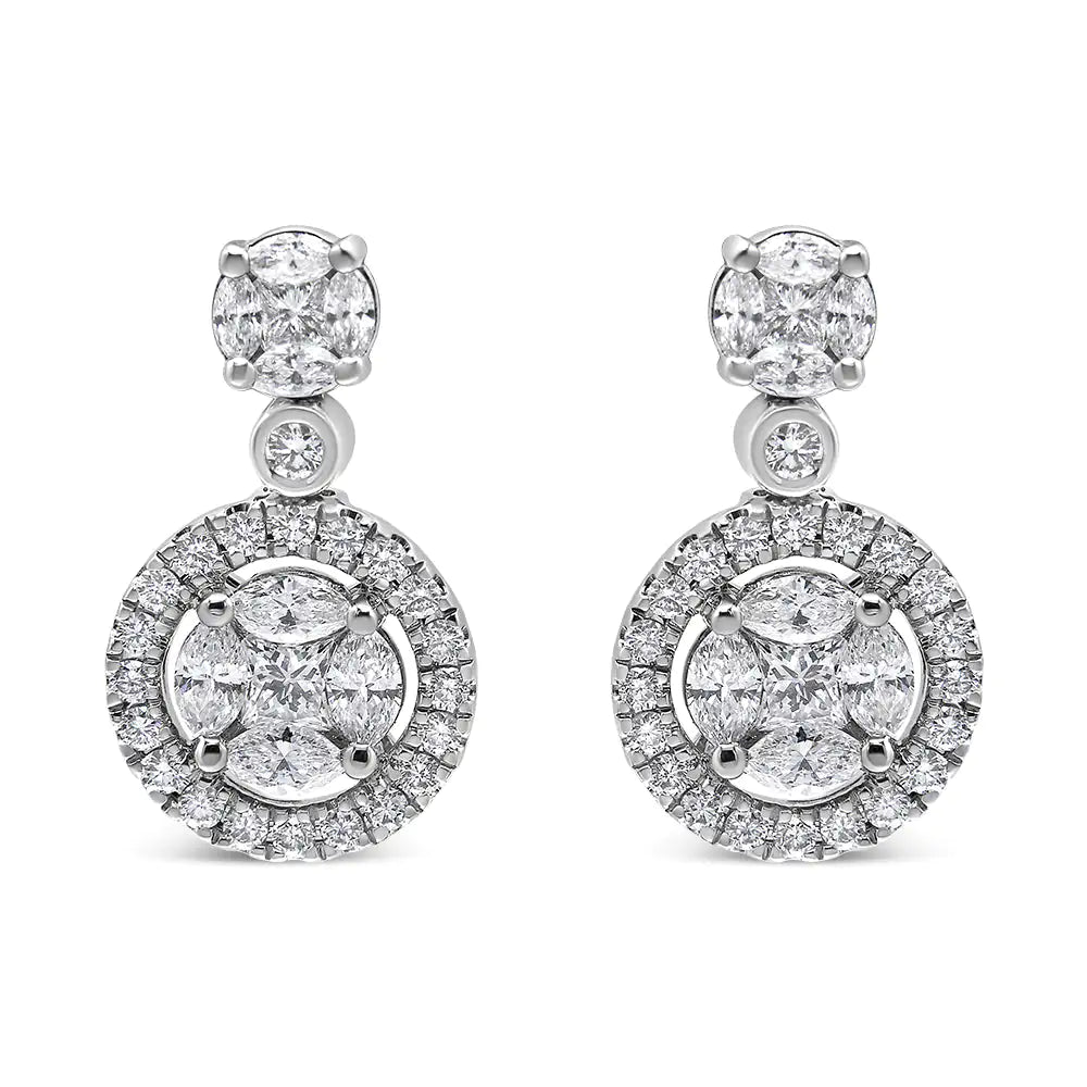 18K White Gold 2.0 Cttw Round Shape Diamond Composite Halo Dangle Stud Earring (F-G Color, VS1-VS2 Clarity)