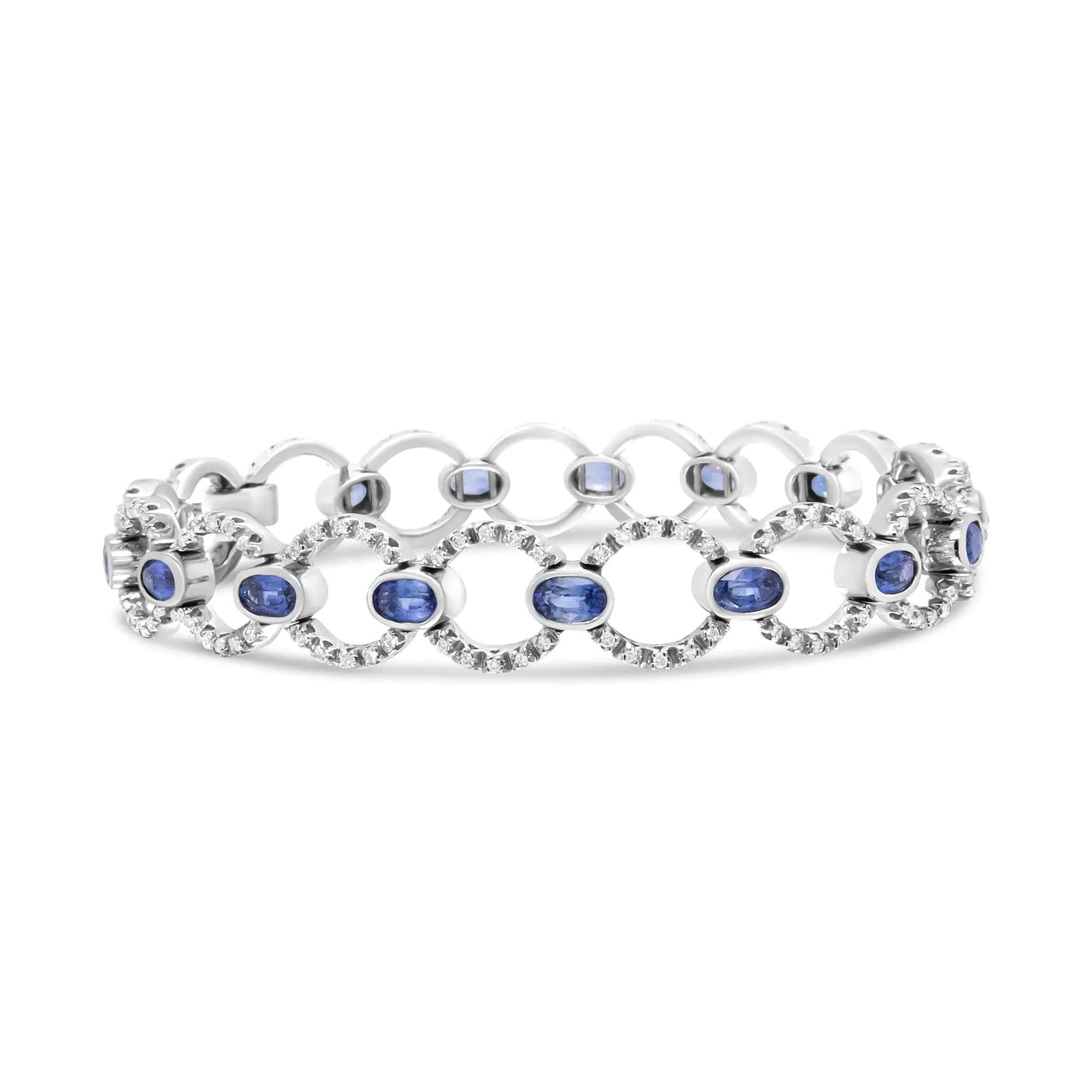 18K White Gold 6 Cttw Diamond and 5x3mm Oval Blue Sapphire Openwork Circle Link Bracelet (F-G Color, SI1-SI2 Clarity) - Size 7"