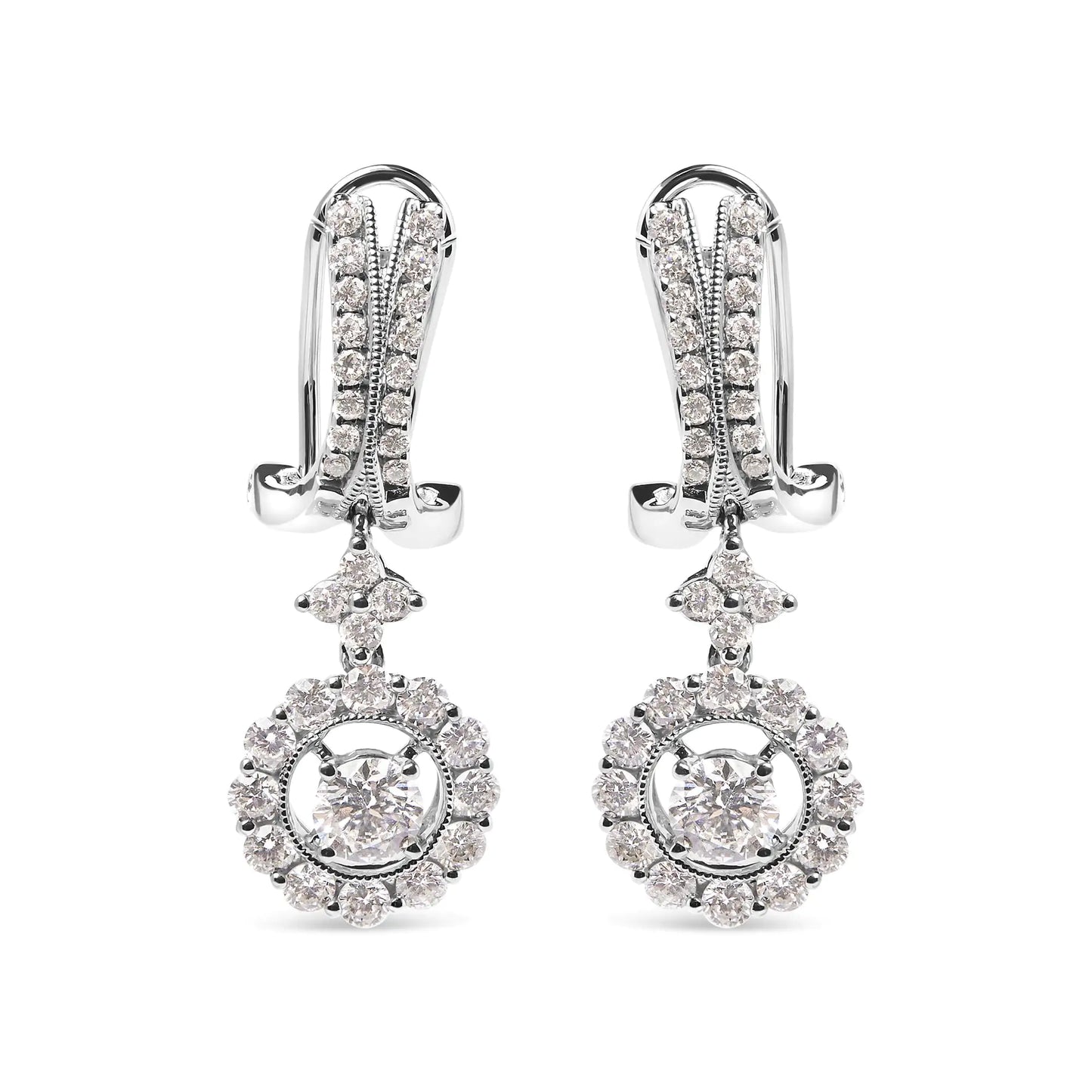 14K White Gold 1 7/8 Cttw Diamond Drop and Dangle Halo Earring with Omega Back (F-G Color, VS2-SI1)