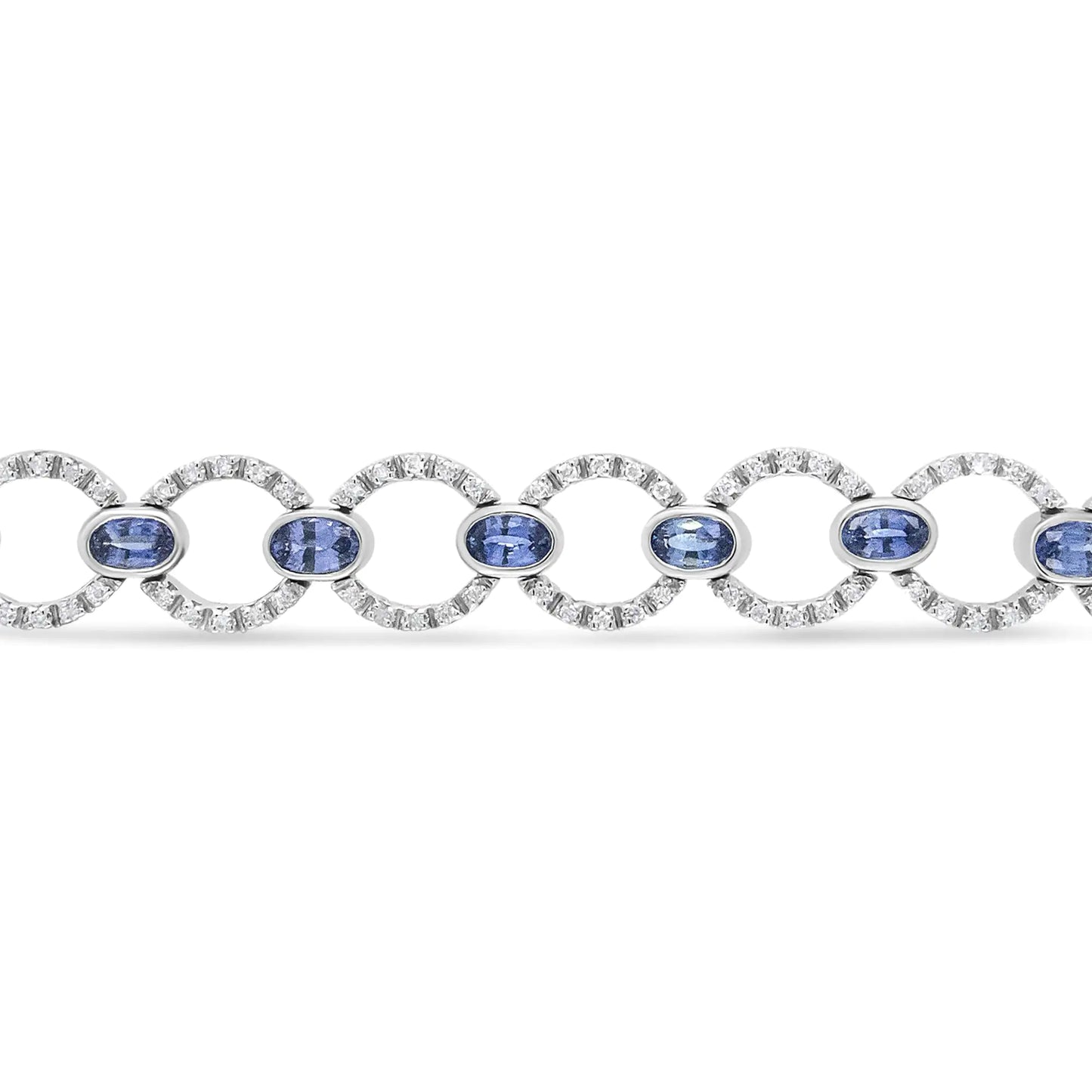 18K White Gold 6 Cttw Diamond and 5x3mm Oval Blue Sapphire Openwork Circle Link Bracelet (F-G Color, SI1-SI2 Clarity) - Size 7"