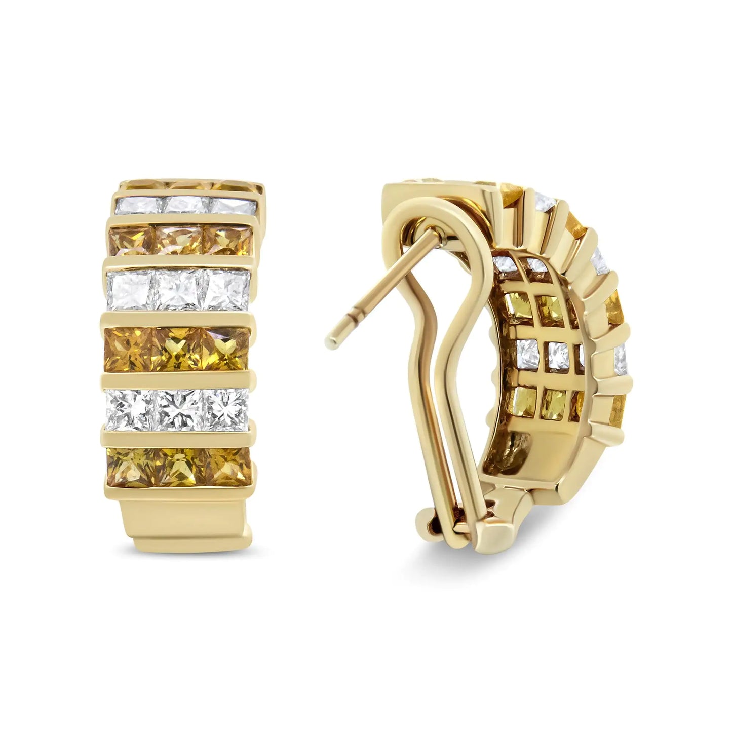 18K Yellow Gold 1 3/4 Cttw Invisible Set Princess Cut Diamond and 2.5mm Yellow Sapphire Huggie Hoop Earrings (F-G Color, VS1-VS2 Clarity)