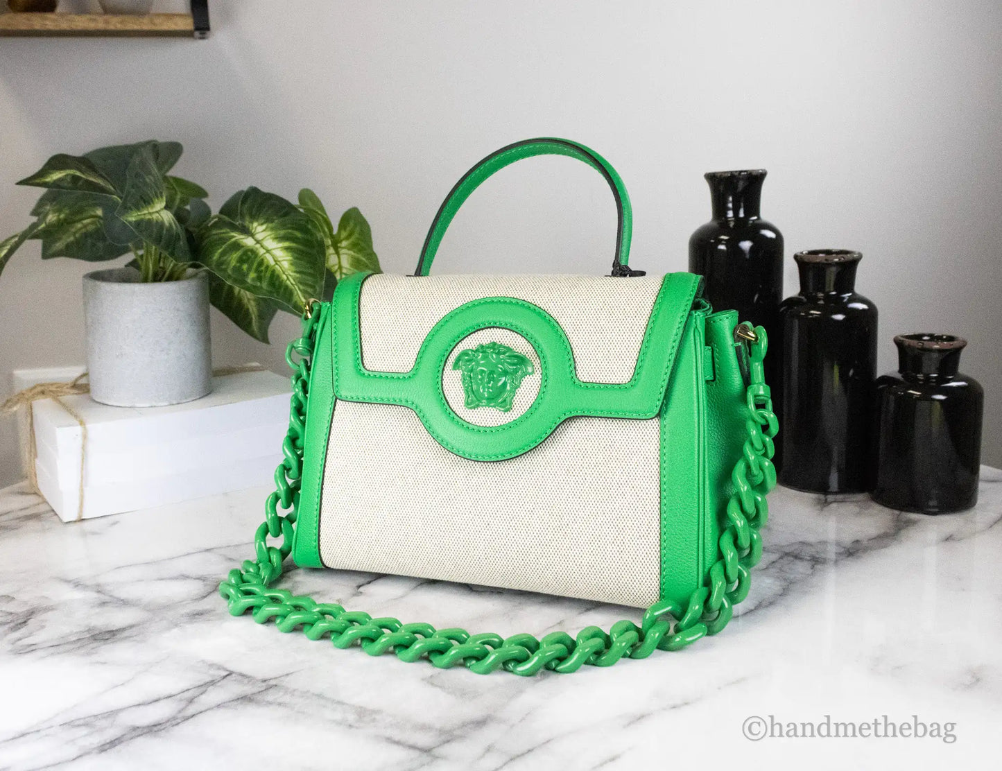 Versace Small Bright Green Rope Canvas Shopper Tote