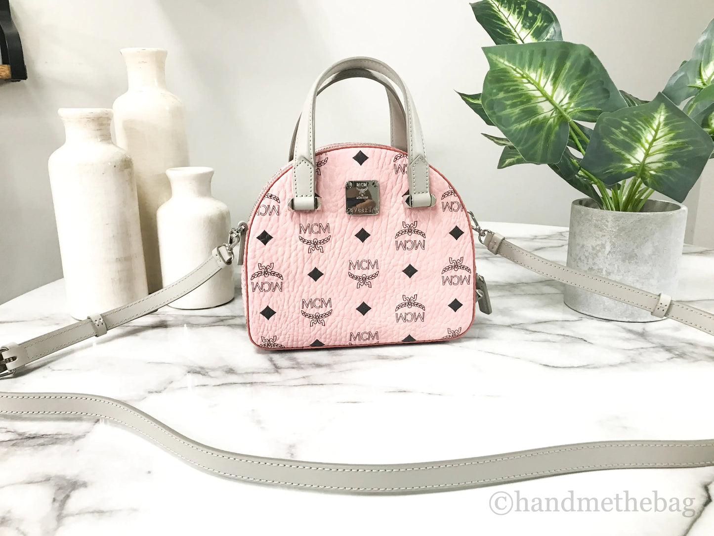 MCM Soft Pink Leather Mini Round Top Tote Crossbody