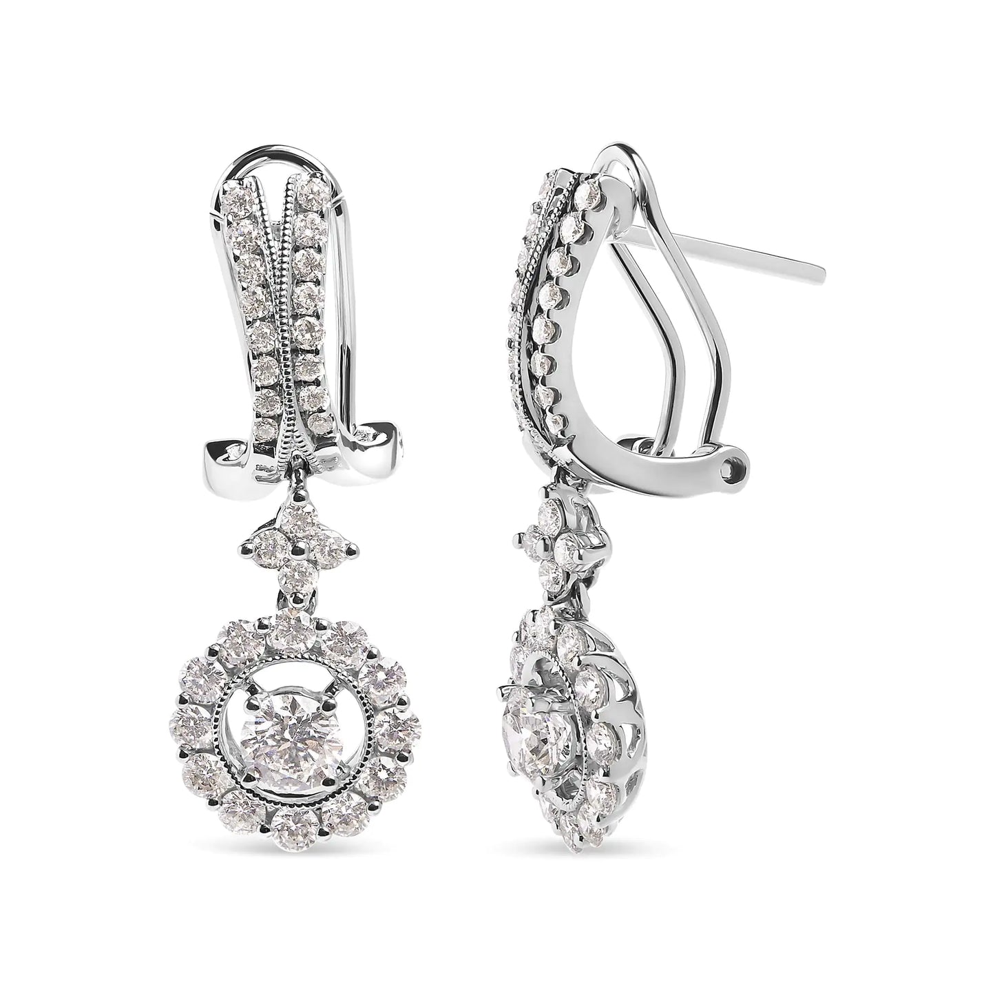 14K White Gold 1 7/8 Cttw Diamond Drop and Dangle Halo Earring with Omega Back (F-G Color, VS2-SI1)