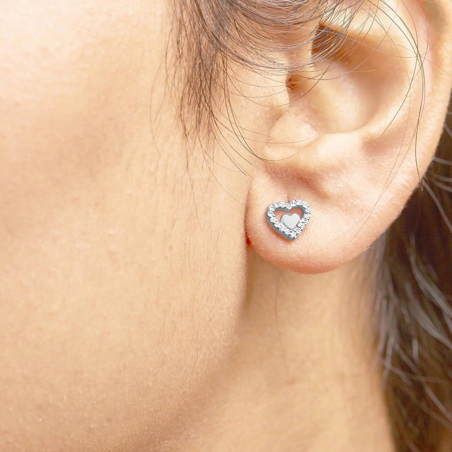 925 Sterling Silver 1/6 Cttw Diamond Open Double Heart Stud Earrings - Choice of Diamond Color