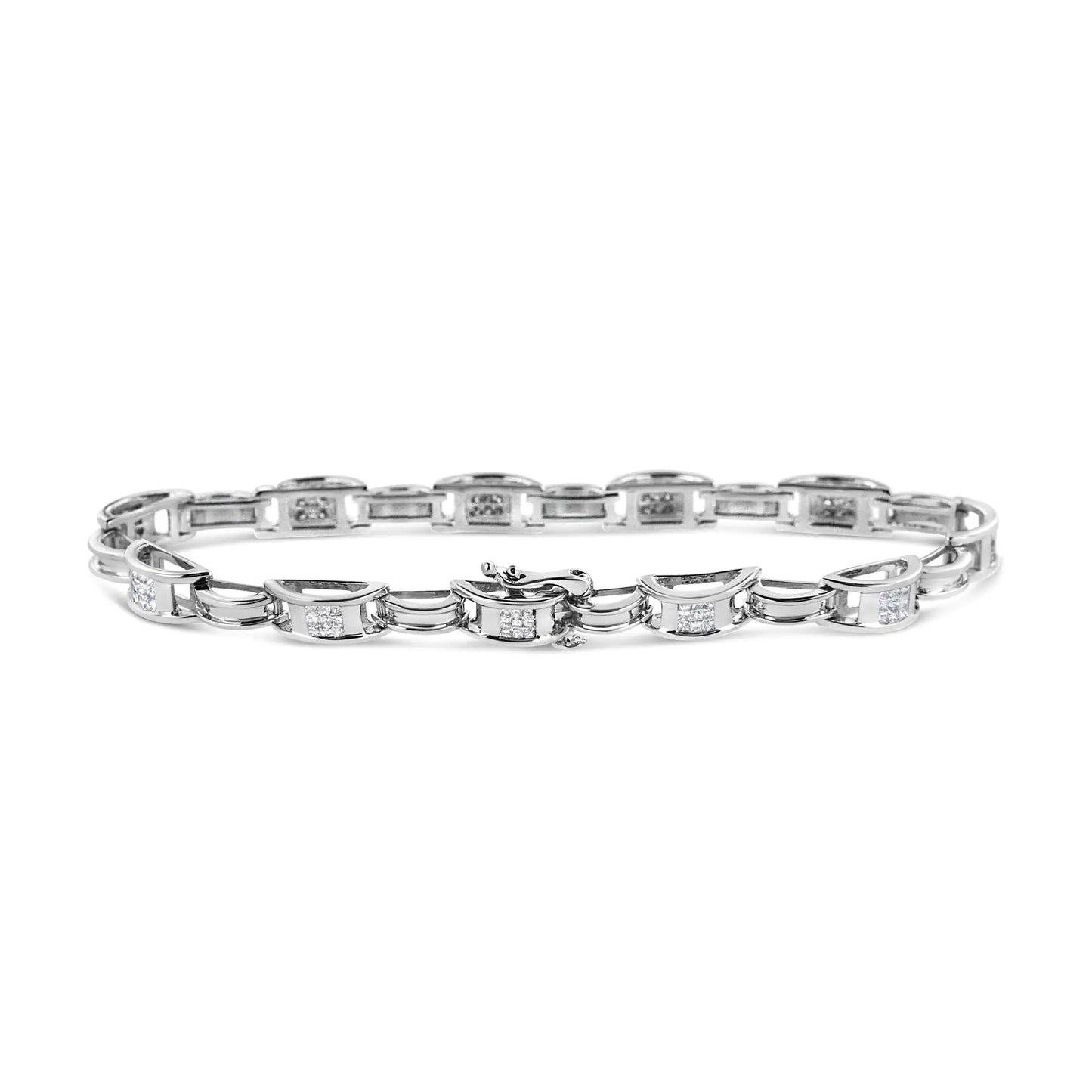 14K White Gold 1.0 Cttw Invisible Set Princess Diamond Alternating Link Tennis Bracelet (I-J Color, I1-I2 Clarity) - 7.25"