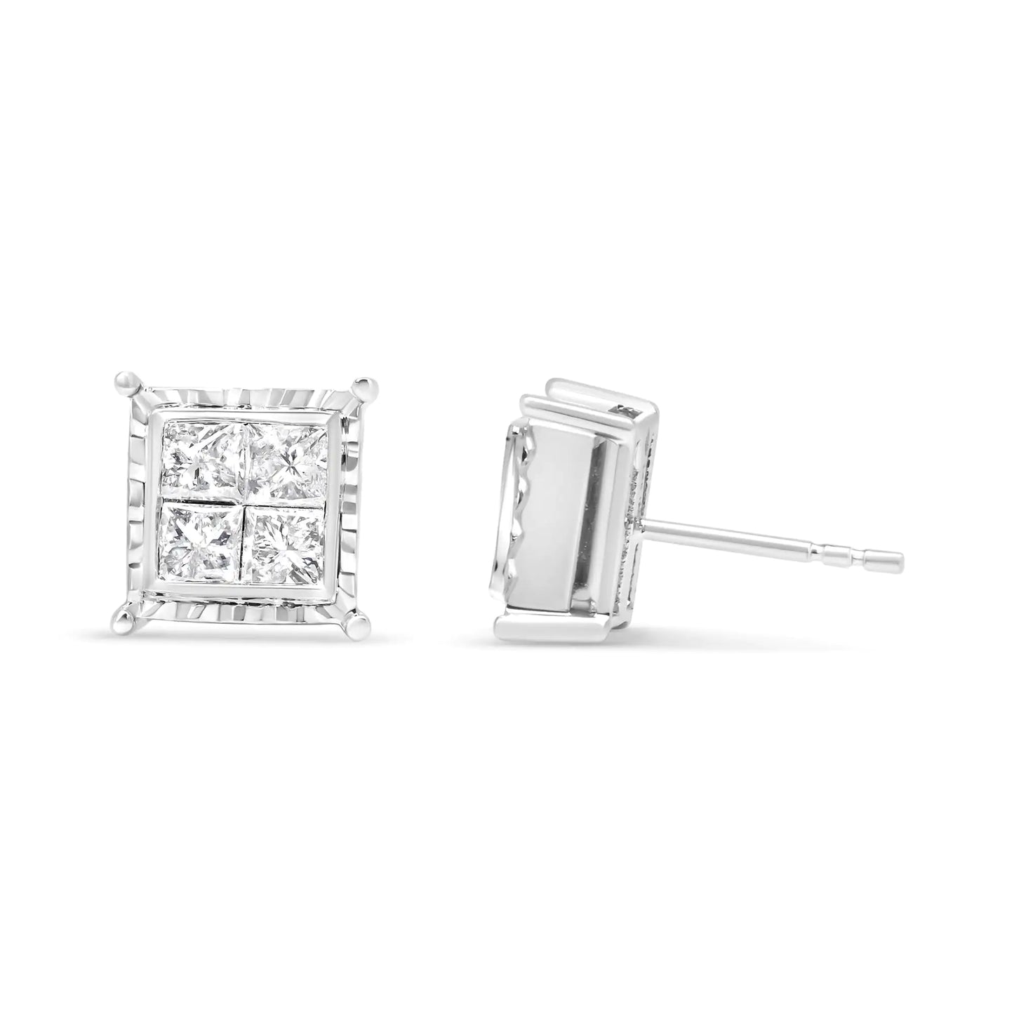 14K White Gold 1 1/2 Cttw Invisible Set Princess-Cut Diamond Contemporary Wavy Quad Stud Earrings (I-J Color, I1-I2 Clarity)