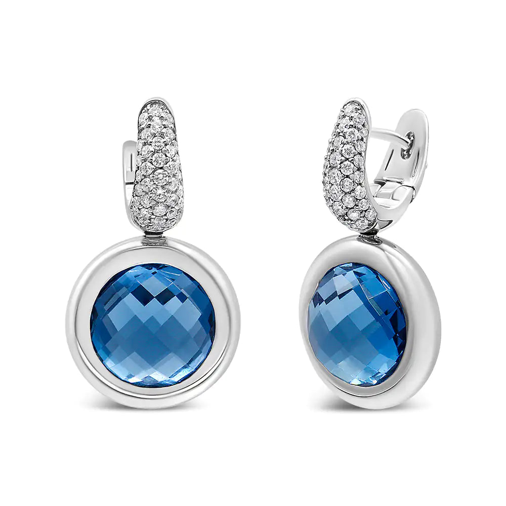 18K White Gold Bezel Set 11mm Blue Topaz and 1/2 Cttw Invisible Set Diamond Bale Dangle Earrings (F-G Color, VS1-VS2 Clarity)